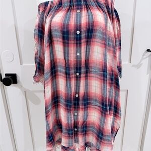 easel Pink and Navy Plaid Off-Shoulder Mini Dress